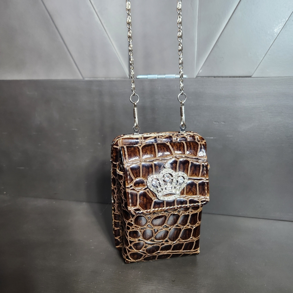 Croc-Embossed Brown Faux Leather Mini Crossbody Wallet Bag with Rhinestone Crown